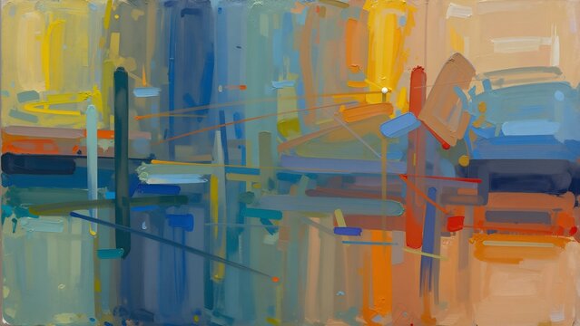 Abstraktes, farbenfrohes &Ouml;lgem&auml;lde auf Leinwand. &Ouml;lfarbenstruktur mit Pinsel- und Spachtelstrichen. Mehrfarbige Tapete. Makroaufnahme eines Acrylhintergrunds. Modernes Kunstkonzept. 