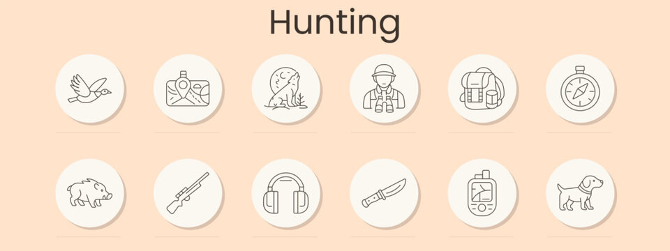 Hunting set icon. Flying bird, map navigation, wolf howl, ranger, equipment backpack, compass, boar, shotgun, headphones, knife, GPS device, dog, tracking, wilderness gear