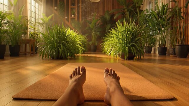 Serene Yoga Practice: A tranquil scene unfolds as a person prepares for a yoga session on a mat, embraced by the lush greenery of indoor plants, creating a harmonious and refreshing atmosphere.