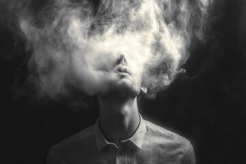 person in collared shirt with face hidden by swirling smoke, contemplative and mysterious mood