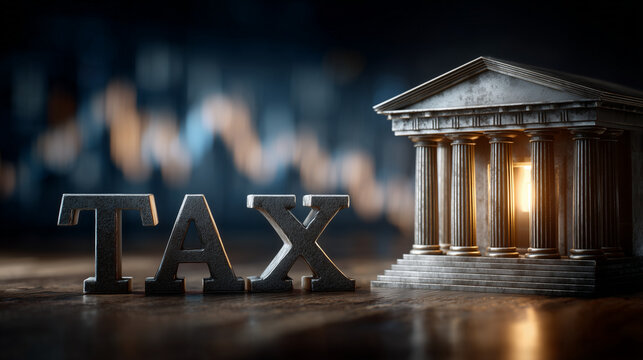 Tax and Building: A symbolic representation of taxation, with the word TAX placed in front of a classical building with pillars.