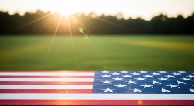 American flag in a serene landscape at sunset