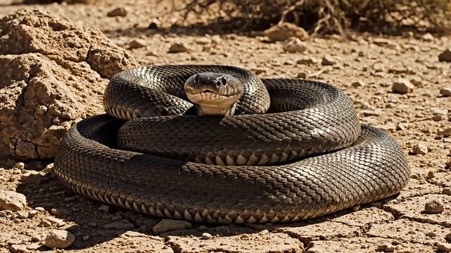 Venomous black cobra snake coiled on rocky desert ground