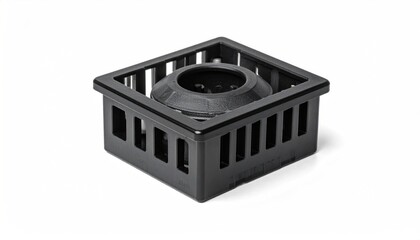 Obraz premium Black Plastic Square Drain Cover with Central Opening on White Background.