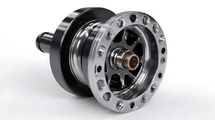 A metallic mechanical component with a silver and black finish.