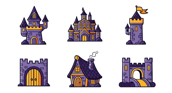 Collection of fantasy castle elements including towers, gates, and houses in a cartoon style, viewed from various angles.