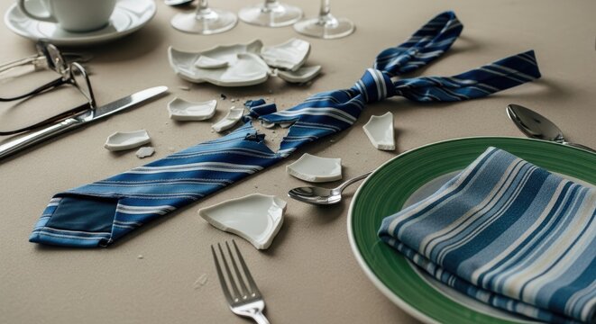 Blue striped tie on table with broken plates and utensils