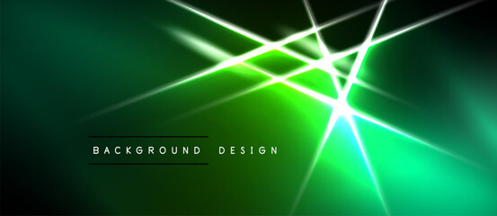 Naklejka premium Dark green background features bright neon lines intersecting. Modern design with glowing effects, creating dynamic visual impact.