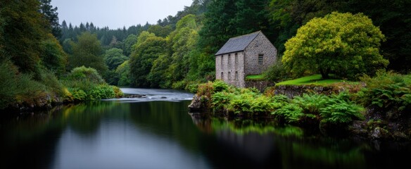 Obraz premium Historic mill by a serene river evokes peace amidst lush greenery.