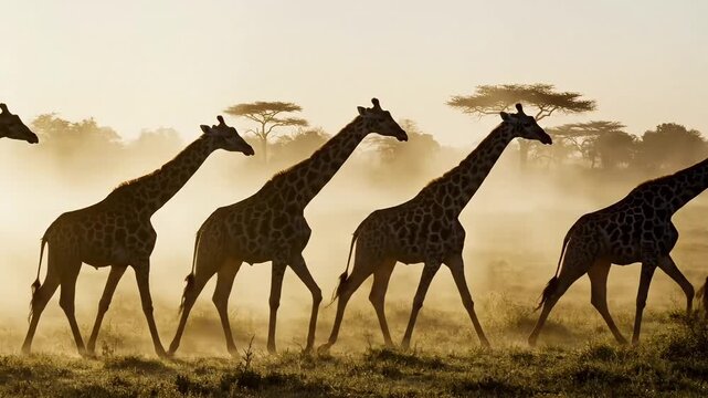 Majestic giraffes roaming freely in savannah at golden hour