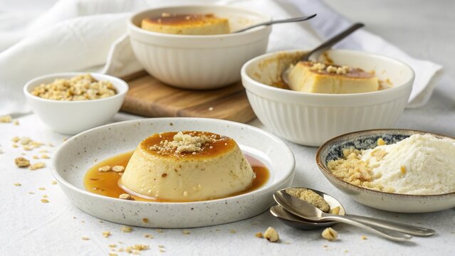 Delicious colombian manjar blanco dessert served in bowls with nuts for flavor and texture