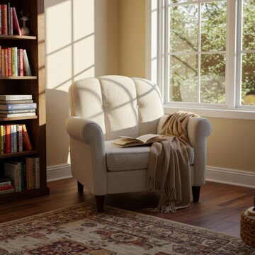 Beige Armchair with Book and Blanket in Sunlit Room
