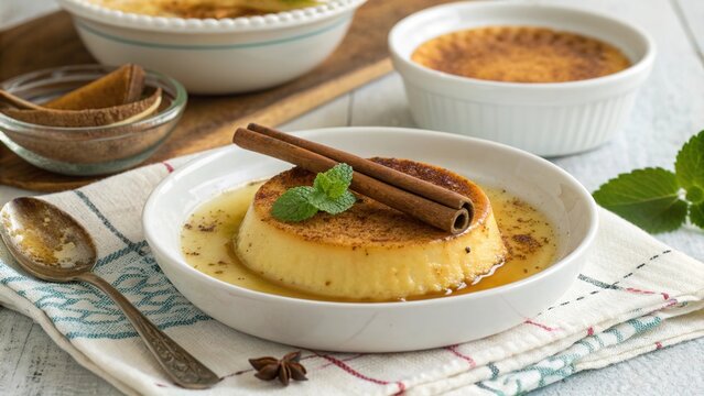 Colombian natilla custard served with cinnamon sticks and mint leaves