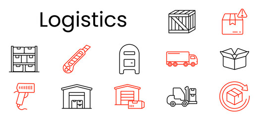Logistics set icon. Outline pictograms, warehouse shelf, cutter knife, mailbox, cargo truck, open box, barcode scanner, storage building, forklift, package cycle arrows, wooden crate, warning parcel. © Кирилл Макаров