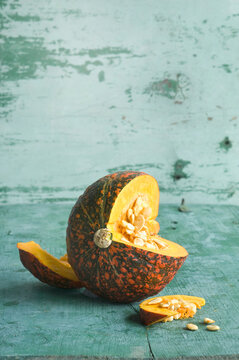Sliced flecked Hokkaido pumpkin