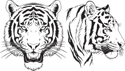 Obraz premium tiger realistic line art side face tattoo black flat vector art