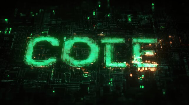 Glowing green digital text code formed by pixels on a dark circuit board with orange highlights, futuristic mysterious high-tech atmosphere