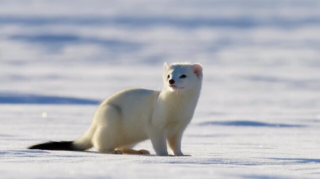 Snowy Tundra With Vigilant Ermine. Observation Of Solitary Ermine Amidst Expansive Winter Wilderness Scene