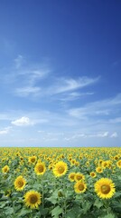 Obraz premium Sunflower field under a vivid blue sky with scattered clouds.