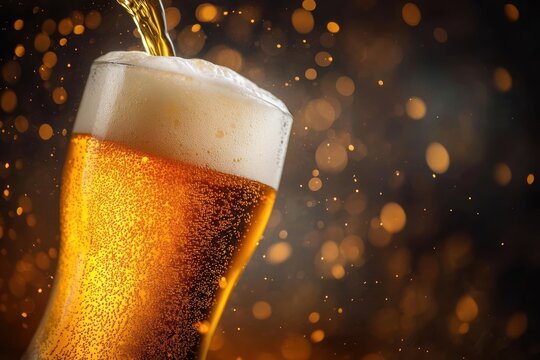 golden beer pouring into a tall glass with thick foamy head and lively bubbles against warm bokeh lights, evoking a festive refreshing mood