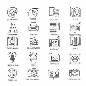 Creative Design and Printing Process Line Icons Collection