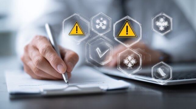 Risk Management and Ethics in AI With Checklist and Alert Icons as Professional Ensures Compliance and Validation Over Laptop