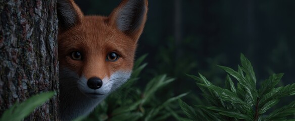Fototapeta premium Curious fox peeks from behind a tree in a dense forest setting.