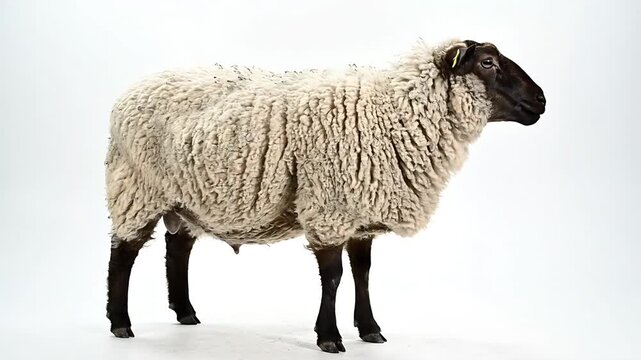 A woolly sheep stands against a neutral background, showcasing its thick fleece and dark face. The image highlights the sheep's textures and form.
