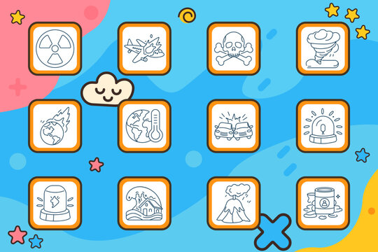 Hazard disaster set icon. Radiation sign, airplane crash, skull bones, tornado wind, burning planet, globe thermometer, car collision, alarm siren, police light, flooded house, volcano eruption