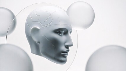 Futuristic white mannequin head with transparent helmet and floating spheres