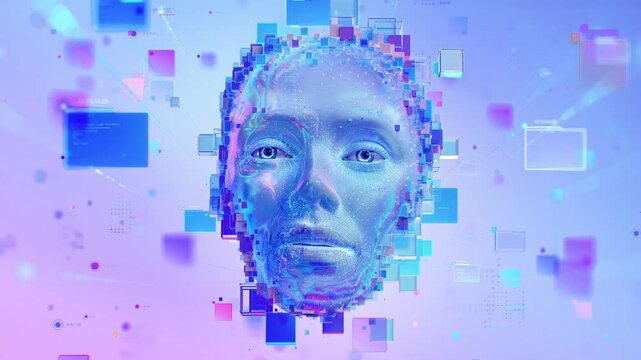Futuristic 3D animation of AI digital human face with glowing data panels and purple voxel particles, concept of machine learning, virtual assistant and artificial intelligence.