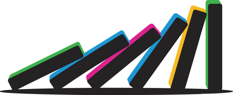 Falling dominos vector illustration, colorful blocks in chain reaction, sequential toppling effect