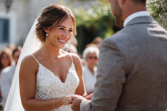 bride with tears of joy during wedding ceremony, groom holding her hands, soft outdoor sunlight, elegant minimal decor, romantic emotional atmosphere