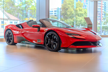 Fototapeta premium 2 March 2026 Italian Car beautiful Ferrari large mag wheels bright colours on show in Sydney NSW Australia