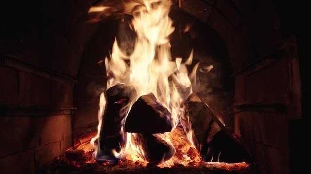 Wood burning in fireplace with warm flames flickering during evening