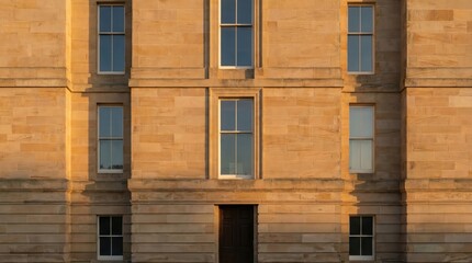 Fototapeta premium Symmetrical facade of historic sandstone building with multiple windows at sunset illuminating stone surface
