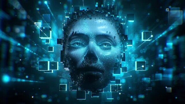 Futuristic 3D animation of a digital AI human face opening eyes, made of glowing blue voxels and data particles, concept of artificial intelligence, machine learning and cybernetic consciousness.