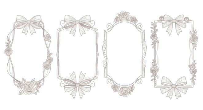 Elegant ornamental vintage frame vector illustration featuring soft curved borders ribbon bow accents and refined symmetrical detailing designed for wedding invitations luxury greeting cards certifica