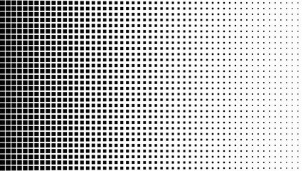 Halftone gradient background with black squares fading to white. Ideal for pop art, comics, printing, and retro design.