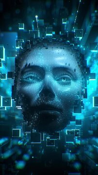 Futuristic 3D animation of digital AI human face with glowing blue voxels, data particles and HUD interface. Vertical 9:16 Motion Graphics footage