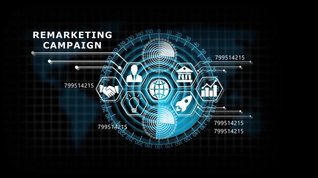 "REMARKETING CAMPAIGN" Lifecycle on Futuristic Radar Technology Background. Business, Technology, Internet and network concept. 4k animation video