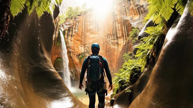 Brave male canyoneer stands in wetsuit with backpack and helmet facing a waterfall, exploring rugged outdoor canyon environment.