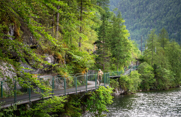 Obraz premium Woman walking dog on scenic lakeside alpine walkway in Austria