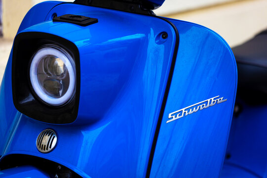 berlin, berlin, germany - 10 02 2026: a schwalbe simson motorscooter