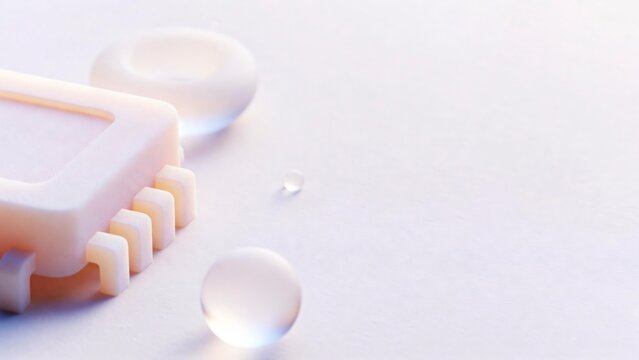 Close-up silicone baby key teether on pastel surface with water droplets