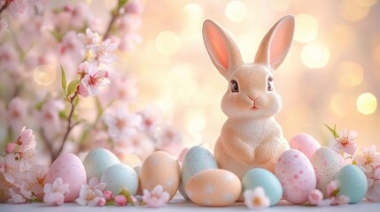 Obraz premium adorable bunny figurine surrounded by pastel decorated eggs and pink cherry blossoms with warm golden bokeh, serene springtime scene