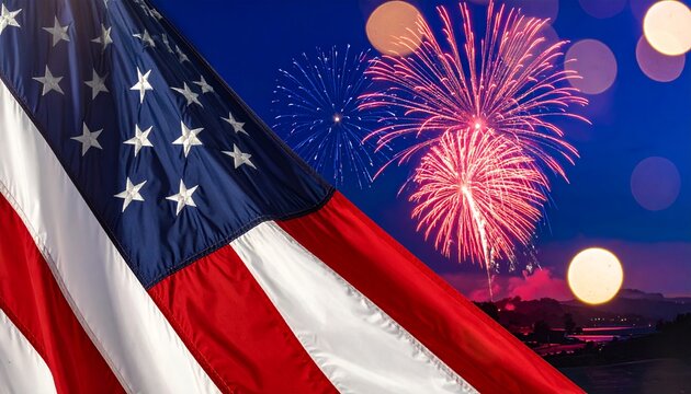 Amerykańska flaga dumnie powiewająca na tle kolorowych fajerwerk&oacute;w i rozświetlonego nocnego nieba podczas obchod&oacute;w Dnia Niepodległości w USA.