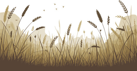 Tall grass and wheat stalks in a field with distant mountains and flying birds distant landscape © Montaha,, Creatives