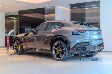 Fototapeta premium 2 March 2026 Italian Car beautiful Ferrari large mag wheels bright colours on show in Sydney NSW Australia