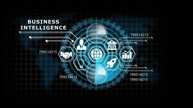 "BUSINESS INTELLIGENCE" Lifecycle on Futuristic Radar Technology Background. Business, Technology, Internet and network concept. 4k animation video
